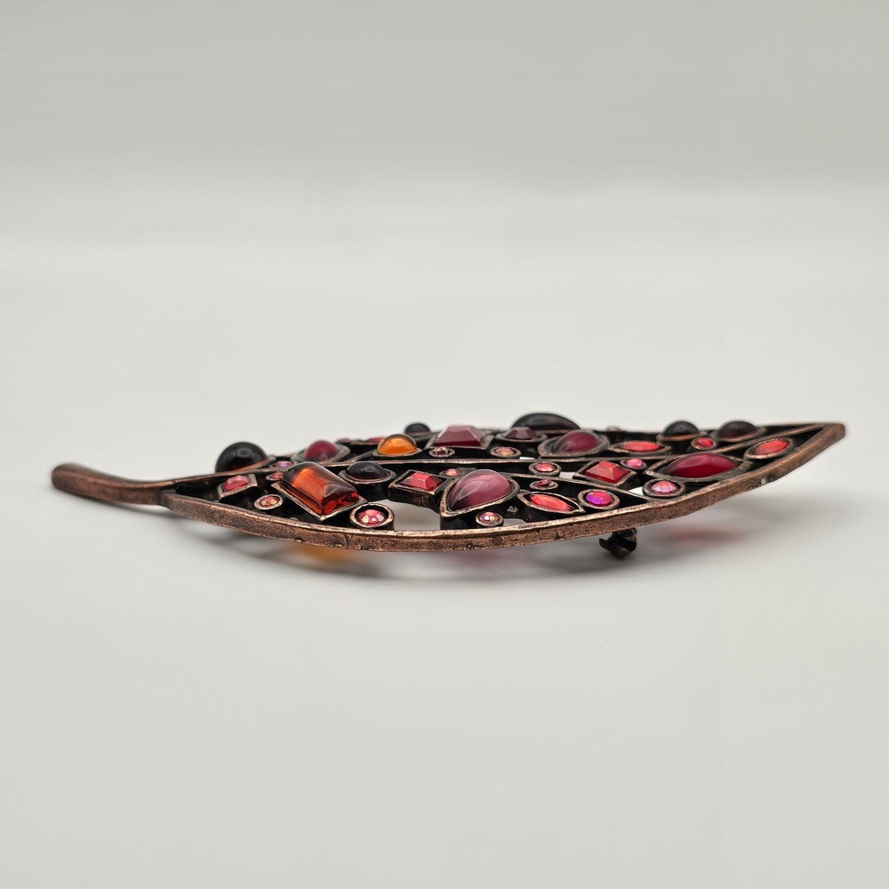 Vtg Leaf Brooch Pin Red Orange Copper Tone Rhinestone Autumn Fall Statement - Picture 7 of 15